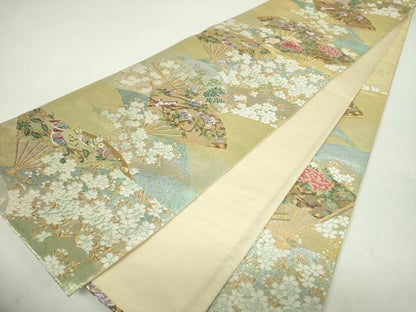 平和屋着物▼六通柄袋帯　唐織　扇面花鳥文　金銀糸　正絹　逸品　DABI6329ps
