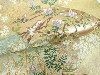 平和屋着物▼六通柄袋帯　唐織　扇面花鳥文　金銀糸　正絹　逸品　DABI6329ps