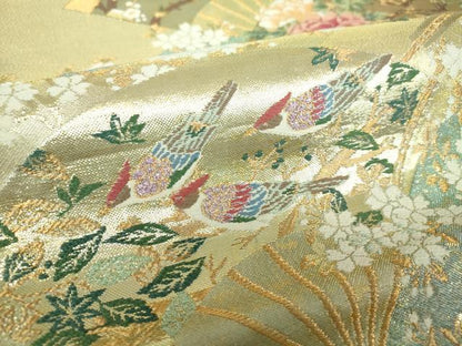 平和屋着物▼六通柄袋帯　唐織　扇面花鳥文　金銀糸　正絹　逸品　DABI6329ps