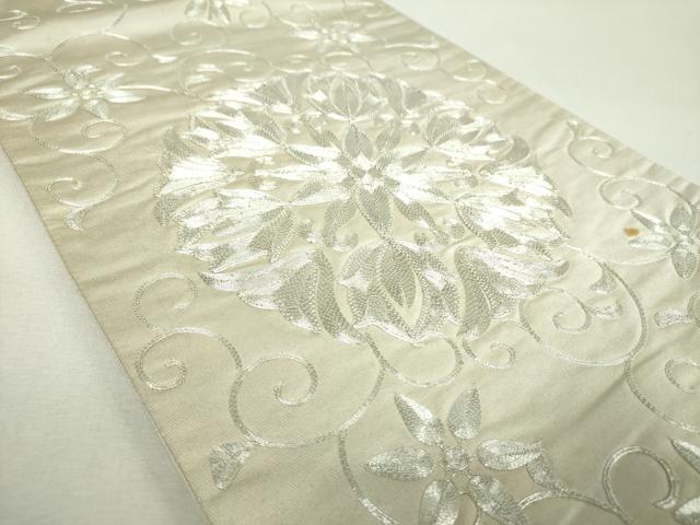 平和屋着物▼太鼓柄袋帯　駒刺繍　総刺繍　花唐草文　銀糸　正絹　逸品　DABI6331ps