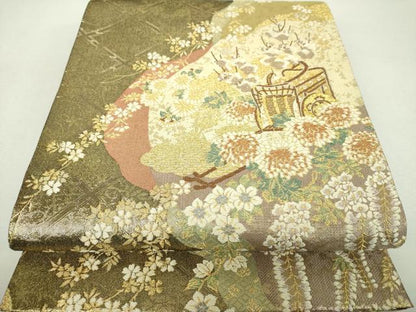 平和屋着物▼六通柄袋帯　御所車花文　金銀糸　やまと誂製　正絹　逸品　DABI6334ps
