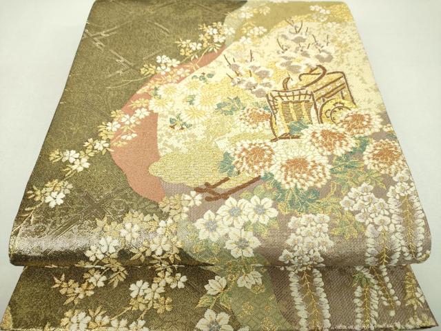 平和屋着物▼六通柄袋帯　御所車花文　金銀糸　やまと誂製　正絹　逸品　DABI6334ps