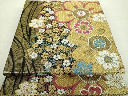 平和屋着物▼六通柄袋帯　唐織　枝垂れ桜　金糸　正絹　逸品　DABI6349ps