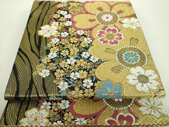 平和屋着物▼六通柄袋帯　唐織　枝垂れ桜　金糸　正絹　逸品　DABI6349ps