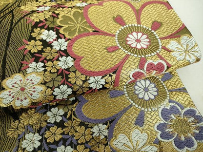 平和屋着物▼六通柄袋帯　唐織　枝垂れ桜　金糸　正絹　逸品　DABI6349ps