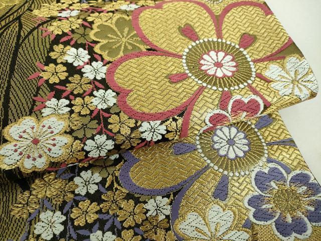 平和屋着物▼六通柄袋帯　唐織　枝垂れ桜　金糸　正絹　逸品　DABI6349ps