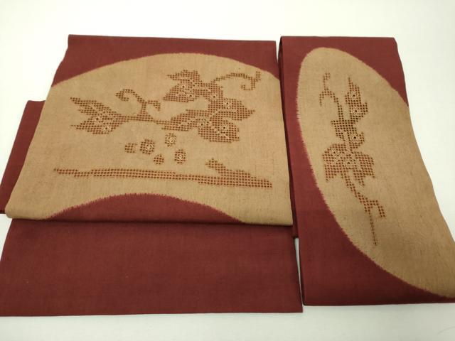 平和屋着物●つけ帯　紬地　総刺繍　蔦の葉花文　正絹　逸品　DABI6355ps