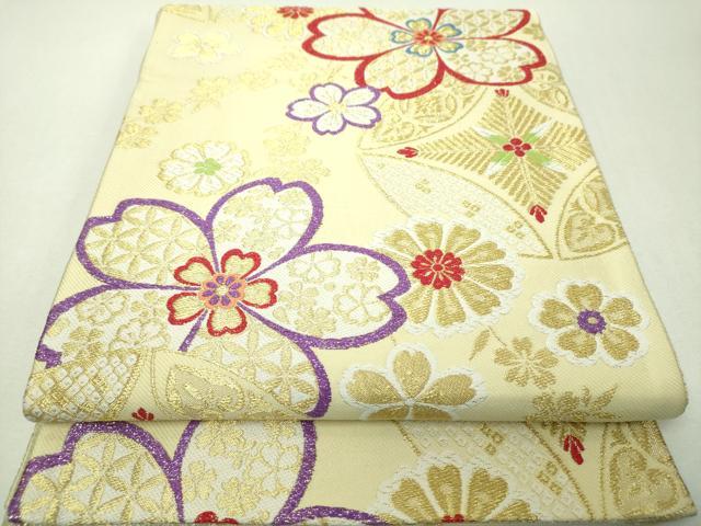 平和屋着物▼六通柄袋帯　七宝舞桜　金糸　正絹　逸品　DABI6360ps