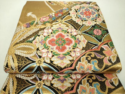 平和屋着物▼両面　全通柄袋帯　正倉院花文　金銀糸　正絹　逸品　DABI6376ps