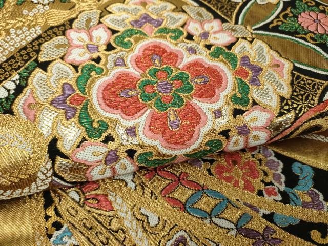 平和屋着物▼両面　全通柄袋帯　正倉院花文　金銀糸　正絹　逸品　DABI6376ps