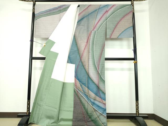 平和屋着物●訪問着　紬地　作家物　曲線　銀通し地　正絹　逸品　DABI6379ps