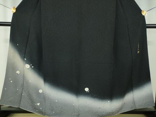 平和屋着物●世界的友禅作家　千地泰弘　訪問着　流水桜　暈し染め　黒地　正絹　逸品　DABI6392ps