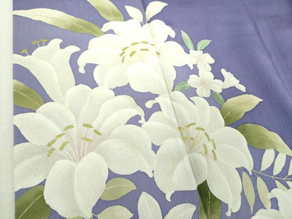 平和屋着物●訪問着　刺繍　手描き　百合　草花文　金彩　正絹　逸品　DABI6398ps