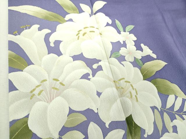 平和屋着物●訪問着　刺繍　手描き　百合　草花文　金彩　正絹　逸品　DABI6398ps