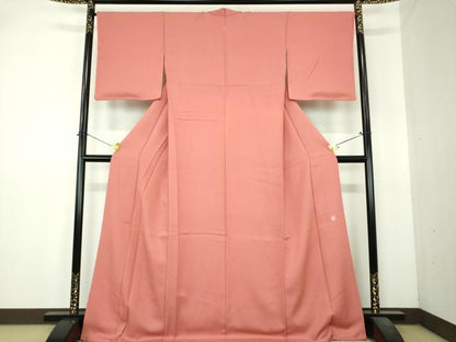 平和屋着物●京加賀友禅　百貫達雄監修　色無地　吉祥花地紋　甚三紅色　京都きもの友禅扱い　ロング丈　正絹　逸品　DABI6407ps