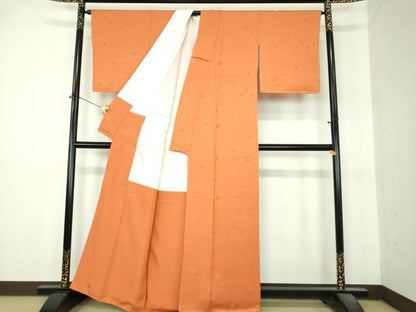 平和屋着物●上質な色無地　扇面地紋　橙色　正絹　逸品　未使用　DABI6418ps