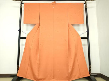 平和屋着物●上質な色無地　扇面地紋　橙色　正絹　逸品　未使用　DABI6418ps