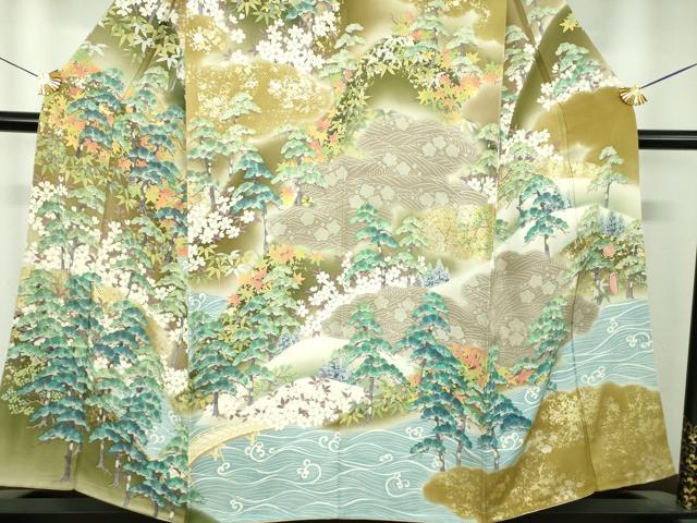平和屋着物●訪問着　作家物　手描き　渡橋風景花文　琳派百図謹製　暈し染め　金彩　正絹　逸品　DABI6422ps