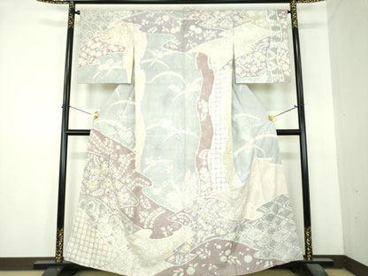 平和屋着物●訪問着　紬地　刺繍　絞り　辻が花　正絹　逸品　DABI6423ps