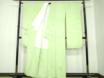 平和屋着物●豪華振袖　竜田川花地紋　若葉色　正絹　逸品　DABI6426ps
