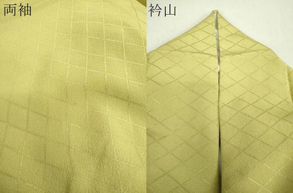 平和屋着物●上質な色無地　籠目地紋　抹茶色　正絹　逸品　DABI6428ps
