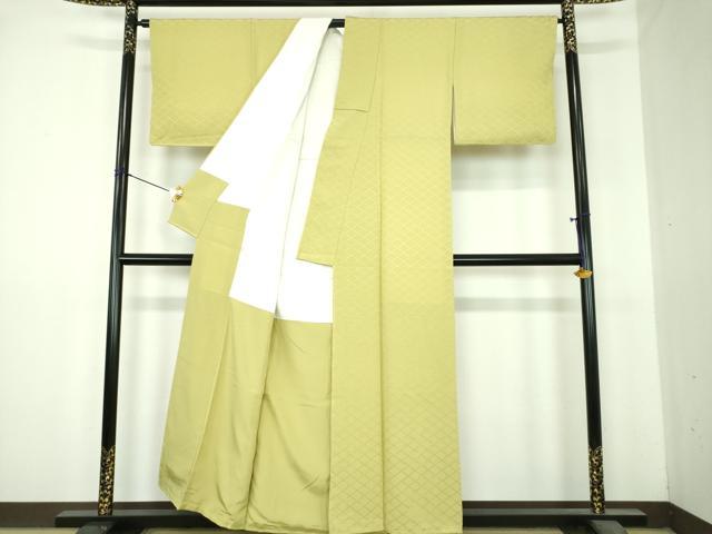 平和屋着物●上質な色無地　籠目地紋　抹茶色　正絹　逸品　DABI6428ps