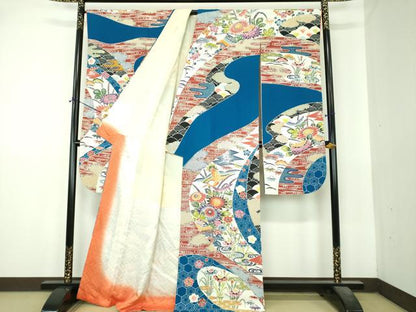 平和屋着物●豪華振袖　紅型　飛鶴風景花文　正絹　逸品　DABI6429ps