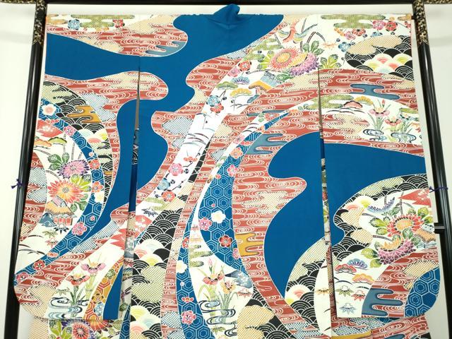 平和屋着物●豪華振袖　紅型　飛鶴風景花文　正絹　逸品　DABI6429ps