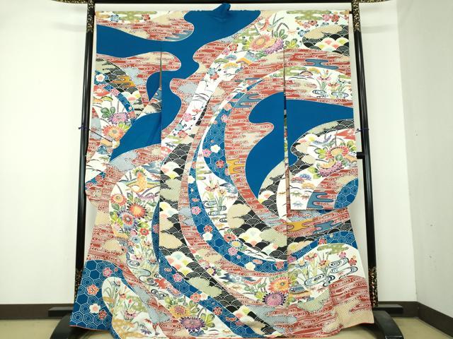 平和屋着物●豪華振袖　紅型　飛鶴風景花文　正絹　逸品　DABI6429ps