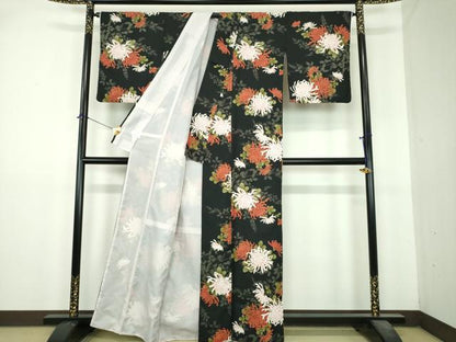平和屋着物●小紋　乱菊　黒地　洗える着物　DABI6439ps
