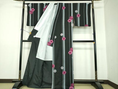 平和屋着物●小紋　薔薇　黒地　洗える着物　DABI6440ps