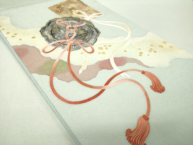 平和屋着物▼太鼓柄袋帯　作家物　刺繍　鏡裏花文　金彩　金通し地　正絹　逸品　DABI6444ps