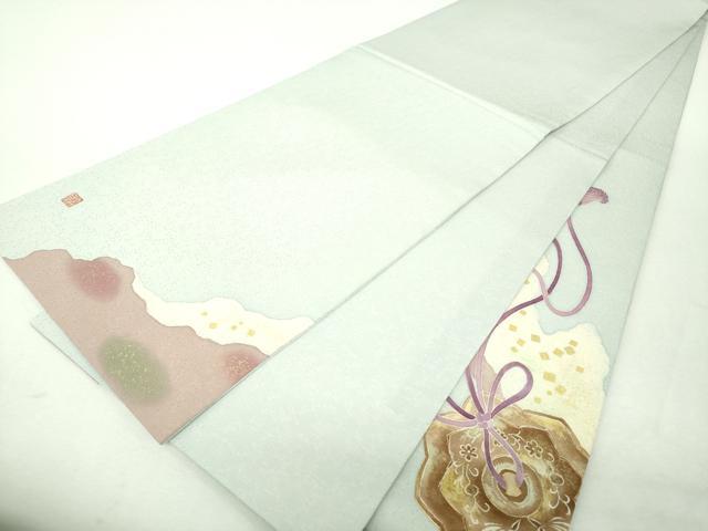 平和屋着物▼太鼓柄袋帯　作家物　刺繍　鏡裏花文　金彩　金通し地　正絹　逸品　DABI6444ps