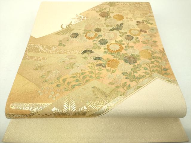 平和屋着物▼太鼓柄袋帯　秋草文　金銀彩　正絹　逸品　DABI6446ps