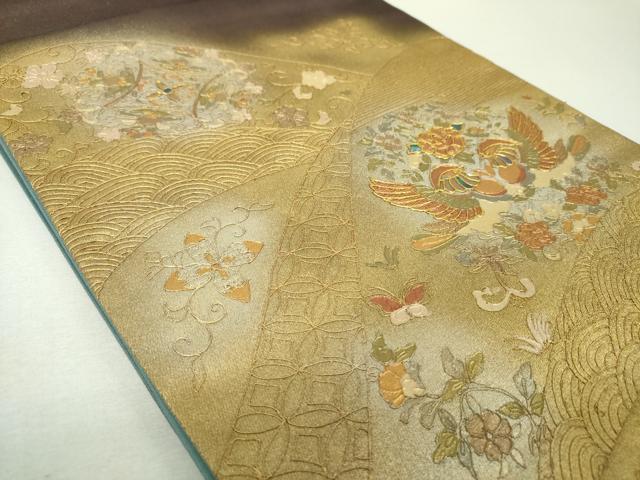 平和屋着物▼太鼓柄袋帯　螺鈿　駒刺繍　正倉院鴛鴦花文　金銀彩　正絹　逸品　DABI6448ps
