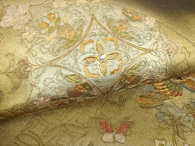 平和屋着物▼太鼓柄袋帯　螺鈿　駒刺繍　正倉院鴛鴦花文　金銀彩　正絹　逸品　DABI6448ps