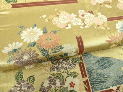 平和屋着物▼六通柄袋帯　欄間流水花文　金糸　引箔　正絹　逸品　DABI6461ps