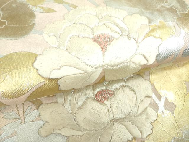 平和屋着物▼太鼓柄袋帯　駒刺繍　牡丹文　金銀彩　引箔　正絹　逸品　DABI6474ps