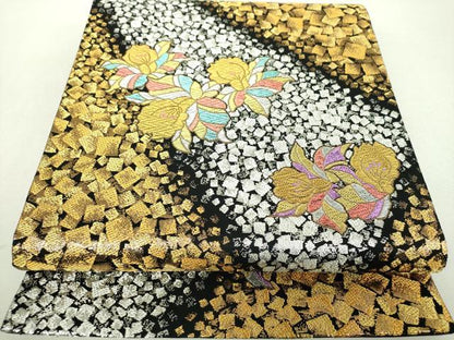 平和屋着物▼六通柄袋帯　舞花文　黒地　金銀糸　正絹　逸品　DABI6483ps