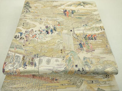 平和屋着物▼六通柄袋帯　壱阡八百口織　東海道五拾三次　金糸　正絹　逸品　未使用　DABI6490ps