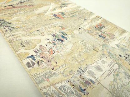 平和屋着物▼六通柄袋帯　壱阡八百口織　東海道五拾三次　金糸　正絹　逸品　未使用　DABI6490ps