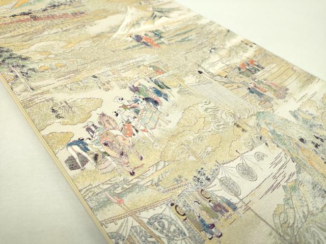 平和屋着物▼六通柄袋帯　壱阡八百口織　東海道五拾三次　金糸　正絹　逸品　未使用　DABI6490ps