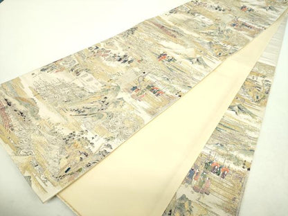 平和屋着物▼六通柄袋帯　壱阡八百口織　東海道五拾三次　金糸　正絹　逸品　未使用　DABI6490ps