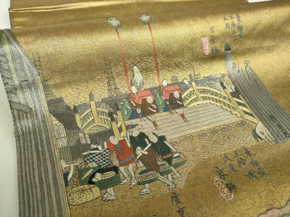 平和屋着物▼中国三大刺繍　蘇州刺繍　総刺繍　太鼓柄袋帯　東海道五拾三次　引箔　正絹　逸品　DABI6491ps