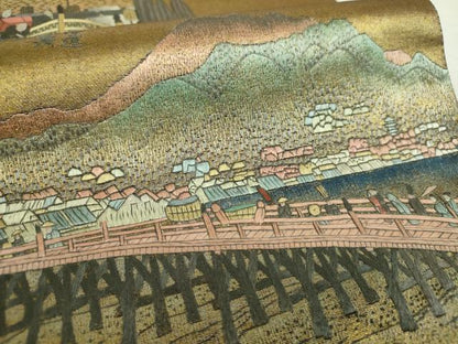 平和屋着物▼中国三大刺繍　蘇州刺繍　総刺繍　太鼓柄袋帯　東海道五拾三次　引箔　正絹　逸品　DABI6491ps