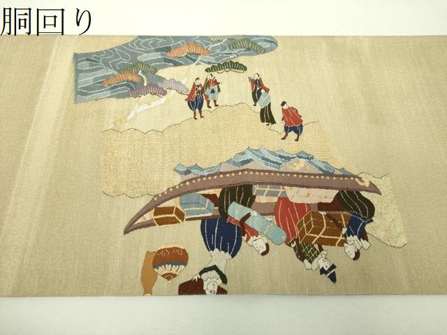 平和屋着物●明綴れ　六通柄袋帯　南蛮船　南蛮人　金糸　正絹　逸品　DABI6500ps
