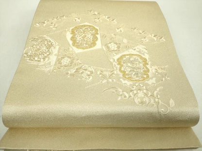 平和屋着物▼太鼓柄袋帯　総刺繍　更紗花文　金銀糸　銀通し地　正絹　逸品　未使用　DABI6504ps
