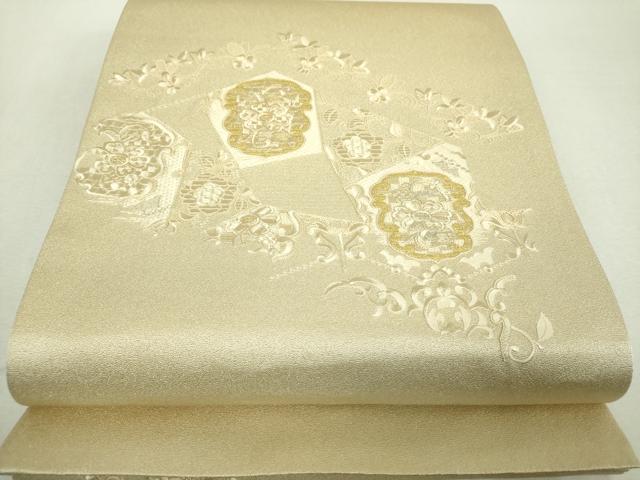 平和屋着物▼太鼓柄袋帯　総刺繍　更紗花文　金銀糸　銀通し地　正絹　逸品　未使用　DABI6504ps