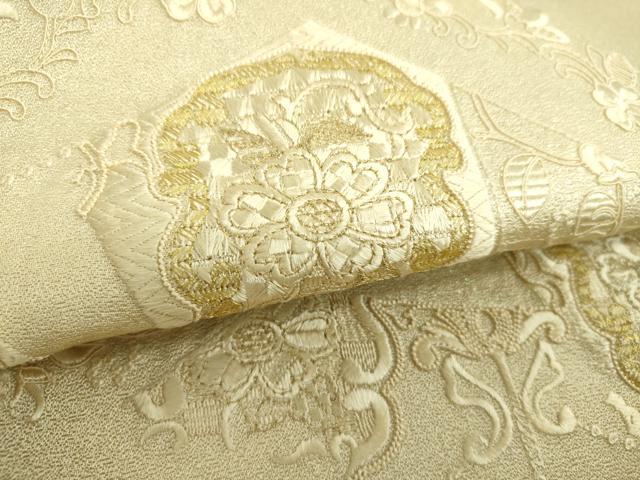 平和屋着物▼太鼓柄袋帯　総刺繍　更紗花文　金銀糸　銀通し地　正絹　逸品　未使用　DABI6504ps