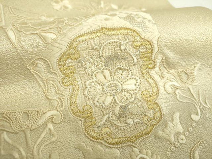 平和屋着物▼太鼓柄袋帯　総刺繍　更紗花文　金銀糸　銀通し地　正絹　逸品　未使用　DABI6504ps